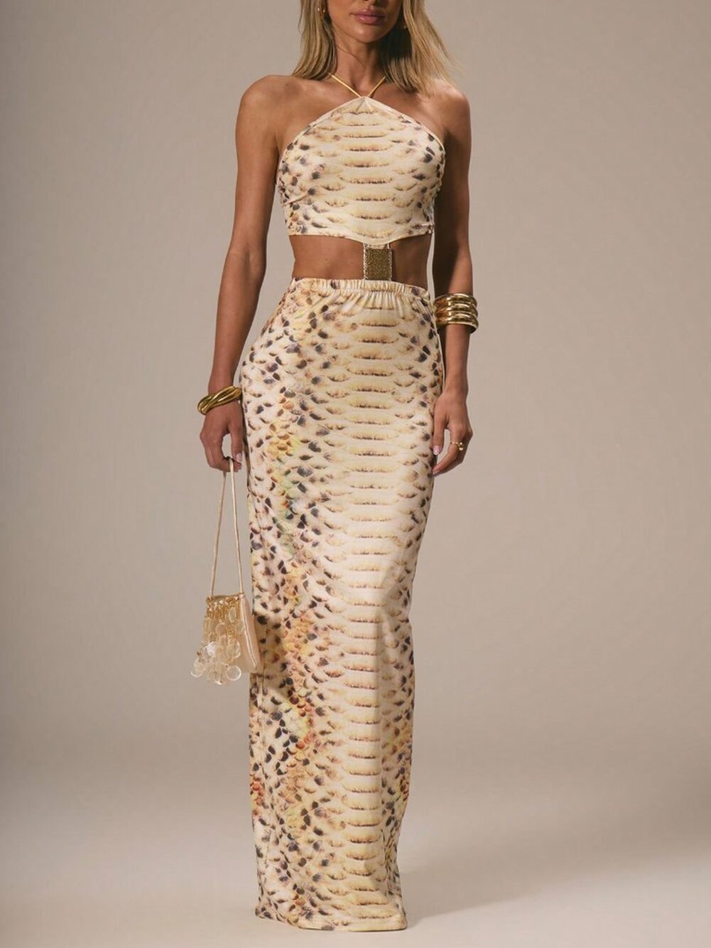 Sexy animal print Womens Cut out waist halter maxi dress